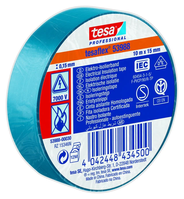 Tesa 53988 15mm x 10M Blå PVC isolasjonstape 