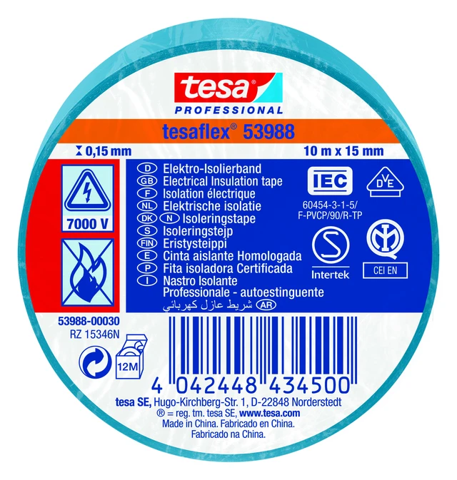 Tesa 53988 15mm x 10M Blå PVC isolasjonstape 