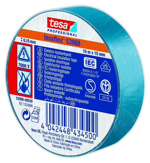 Tesa 53988 15mm x 10M Blå PVC isolasjonstape 