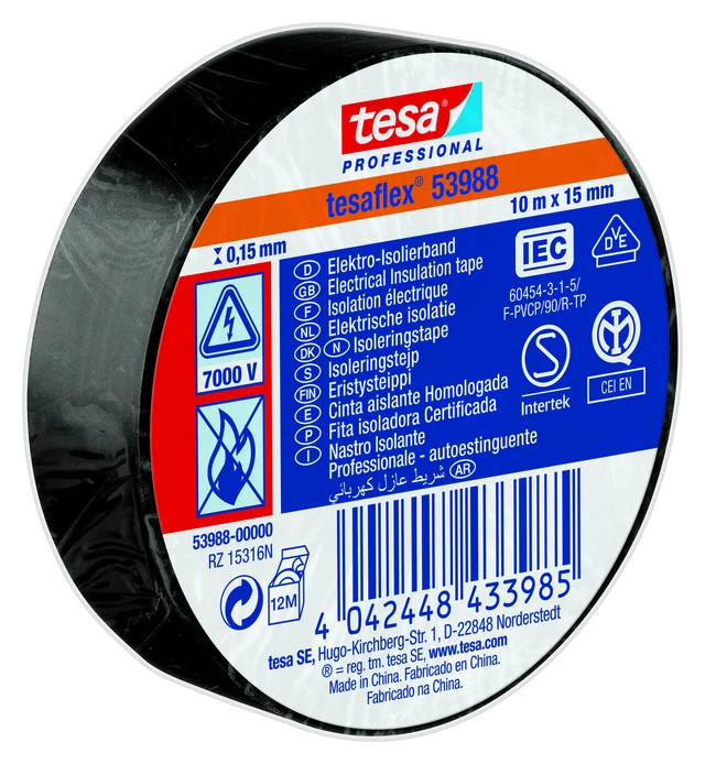 Tesa 53988 15mm x 10M Sort PVC isolasjonstape 
