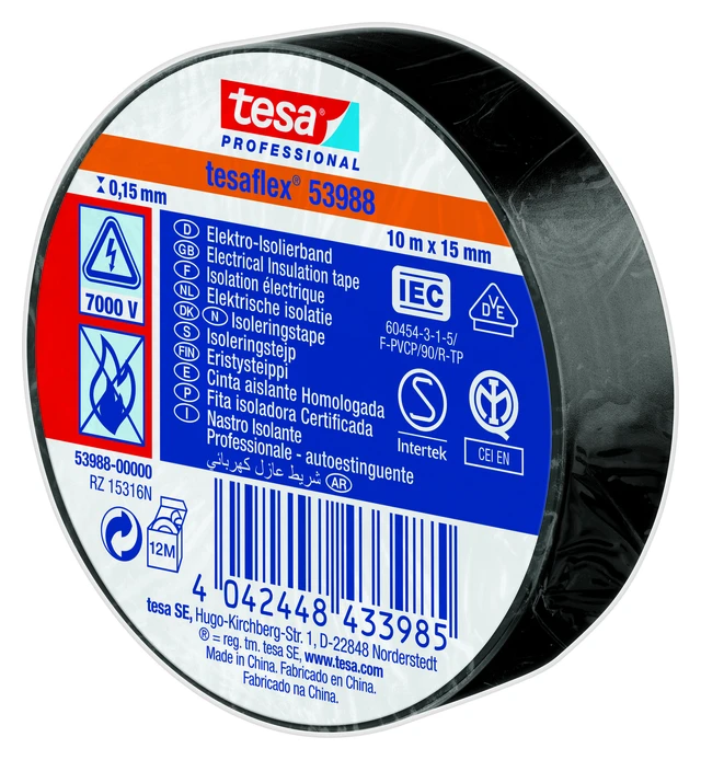 Tesa 53988 15mm x 10M Sort PVC isolasjonstape 