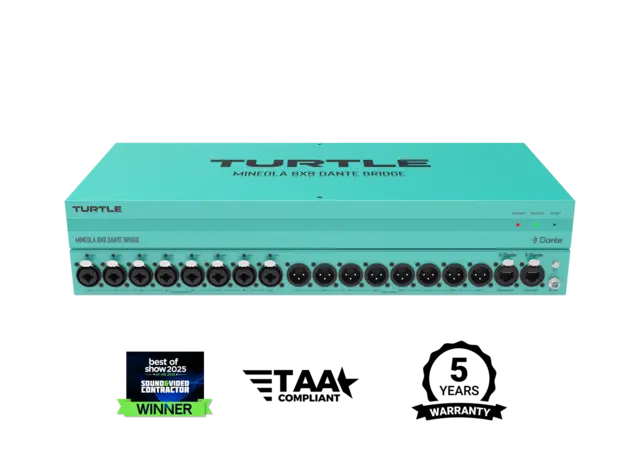Turtle AV Mineola 8x8 Dante Audio Bridge 8x XLR inputs with 48V Phantom Power 