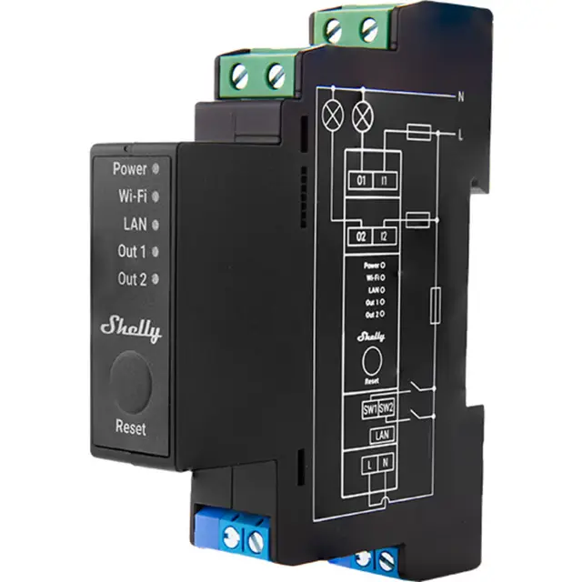 Shelly PRO 2 PM LAN, WiFi, Bluetooth, 2 x 16A Rele 