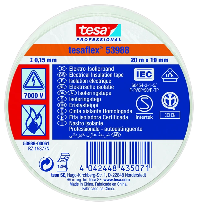 TESA 53948, 19mm x 20m, hvit PVC isolasjonstape 