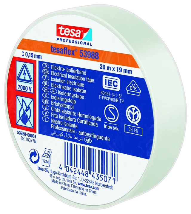 TESA 53948, 19mm x 20m, hvit PVC isolasjonstape 