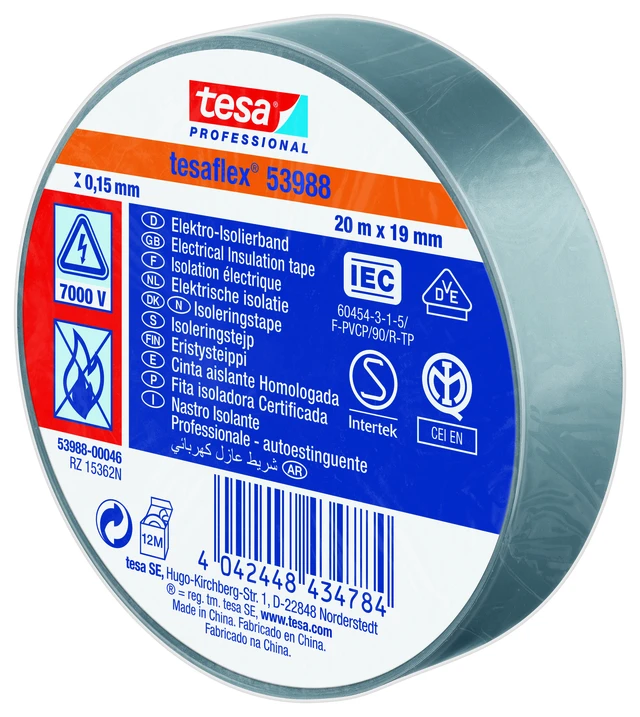 TESA 53948, 19mm x 20m,  grå PVC isolasjonstape 