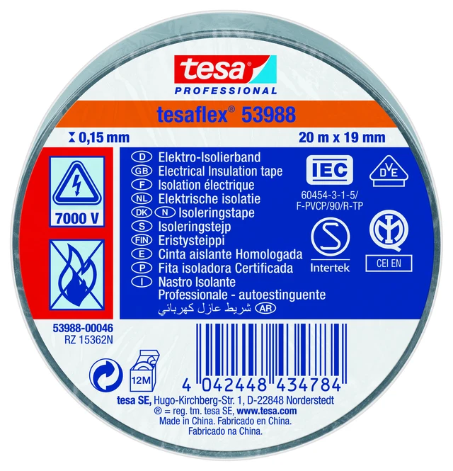 TESA 53948, 19mm x 20m,  grå PVC isolasjonstape 