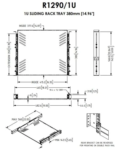 Penn 1U Sliding Rack Tray 380mm Deep Black Recommended Load Capacity 19Kg 