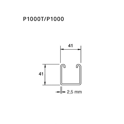 Unistrut P-1000-R Skinne 6 meter 41x41x2,5mm, 6m, u/hull 