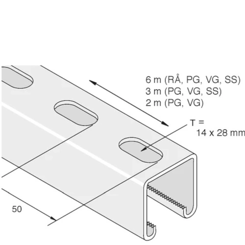 Unistrut P1000TR Skinne 6 m Perforert RÅ M/hull 