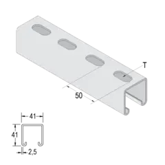 Unistrut P-1000-TR Skinne Perforert 41x41x2,5mm, 6m, RÅ, M/hull