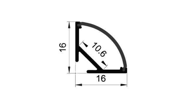 Protech Alu-profile 45° corner for 10mm tape, 2 meter x 16x16 curved 