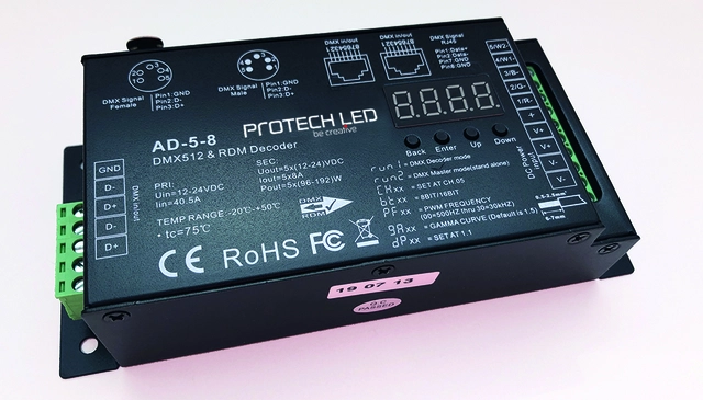 Protech Driver 5CH, 8A/CH, DMX/RDM 12-24V (96/192W ch) 16bit 