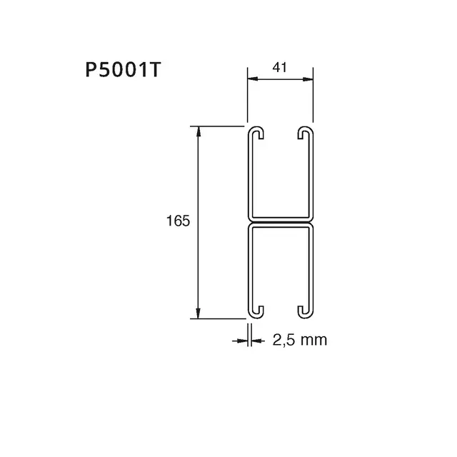 Unistrut P-5001 dobbel skinne 165x41x2,5mm, 6m, m/hull 