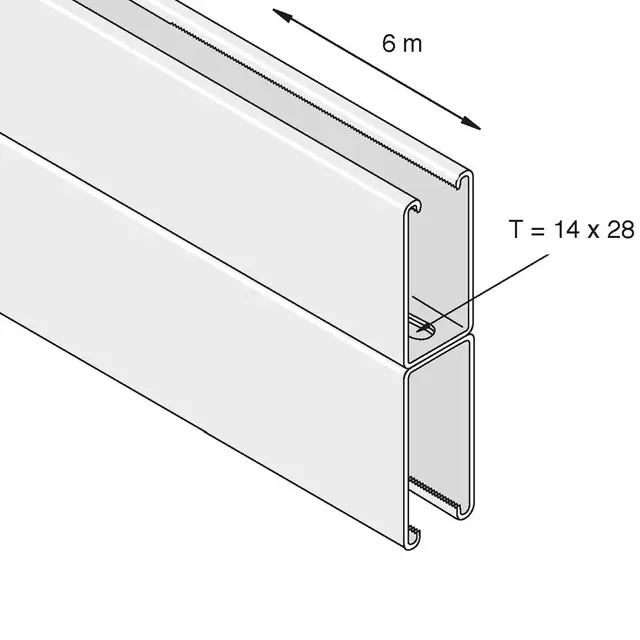 Unistrut P-5001 dobbel skinne 165x41x2,5mm, 6m, m/hull 
