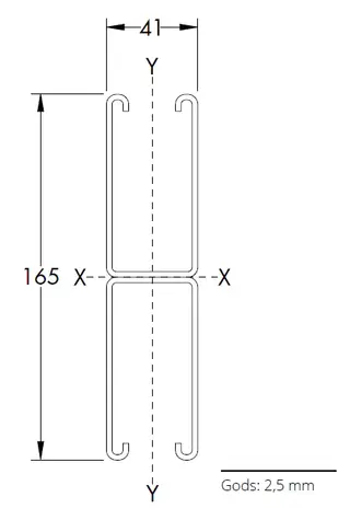 Unistrut P-5001 dobbel skinne 165x41x2,5mm, 6m, m/hull 