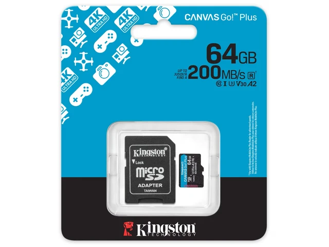 Kingston Canvas Go! Plus microSD 64GB Class 10, UHS-I, U3, V30, A2, 200MB/s re 