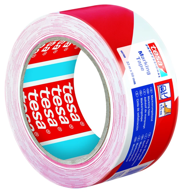 TESA 60760 Varseltape rød - hvit 33m 50mm bred 