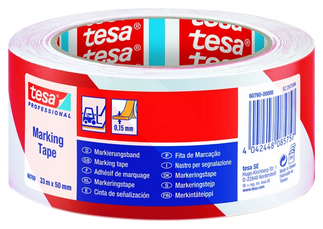 TESA 60760 Varseltape rød - hvit 33m 50mm bred 